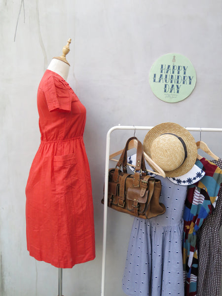 Meredith | Vintage vermillion orange red 1950s plain cotton dress with 2 large pockets