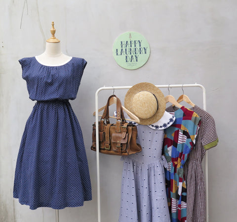 Winifred | Vintage 1950s 1960s V-back white navy blue tiny polka dot print swing style dress